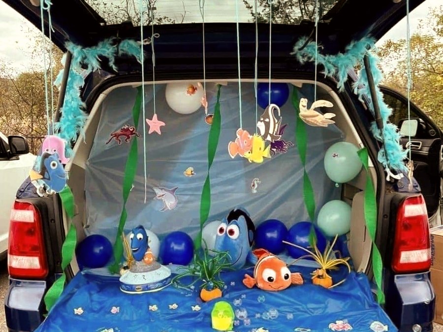 Under the Sea themed trunk with ocean creatures and balloons