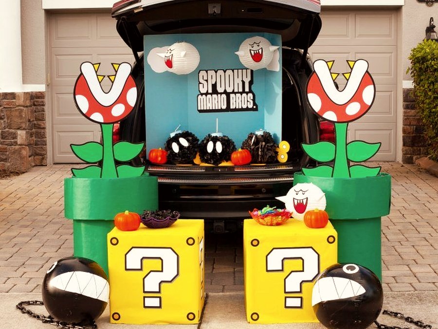 Video game themed trunk with Mario-inspired pipes and blocks